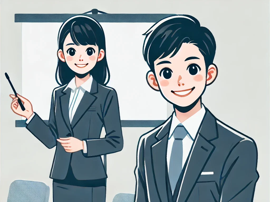 DALL·E 2024-12-20 19.31.00 - A business-themed illustration featuring two Japanese public servants, one male and one female, both smiling while giving a presentation or explaining